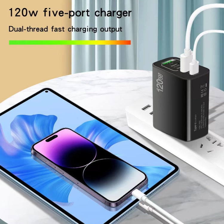 120W PD3.0 3 Type-C 2 USB Multi Port Quick Charger with Type-C to Type-C Cable, US Plug, US Plug + C to C Cable