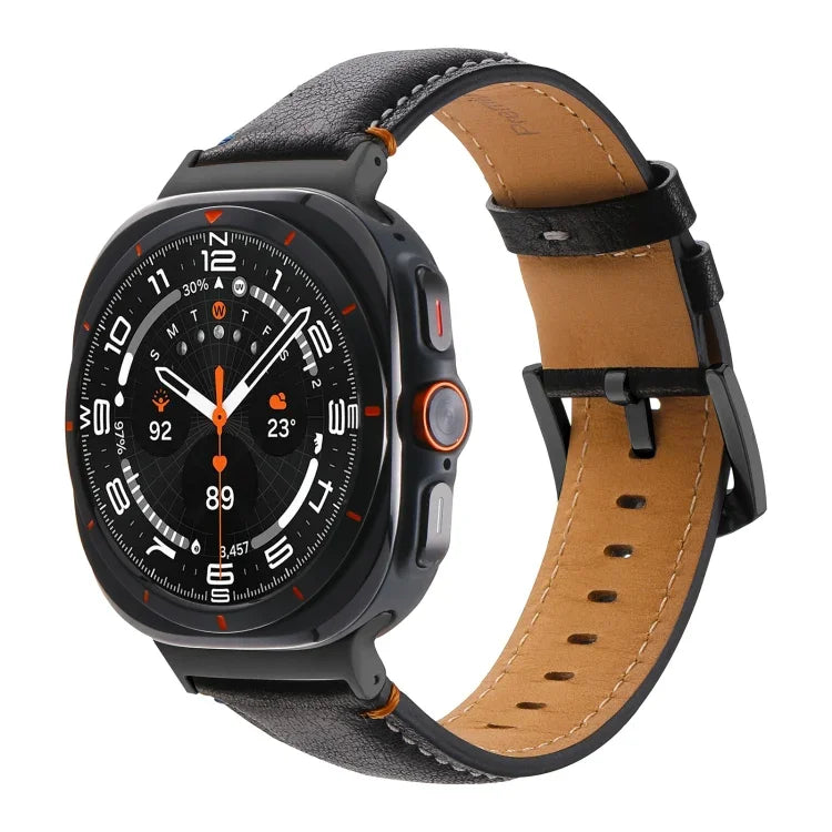For Samsung Galaxy Watch Ultra 47mm Stitched Black Buckle Genuine Leather Watch Band