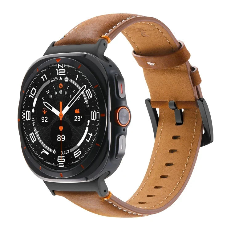 For Samsung Galaxy Watch Ultra 47mm Stitched Black Buckle Genuine Leather Watch Band
