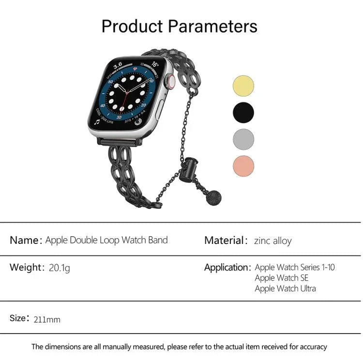 Double Ring Chain Zinc Alloy Watch Band, For Apple Watch 46mm / 49mm / 45mm / 44mm, For Apple Watch 42mm / 41mm / 40mm / 38mm