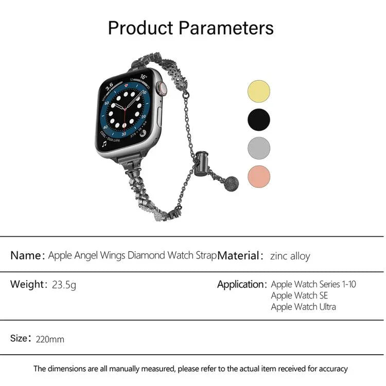 Wings Crushed Diamonds Zinc Alloy Watch Band, For Apple Watch 46mm / 49mm / 45mm / 44mm, For Apple Watch 42mm / 41mm / 40mm / 38mm