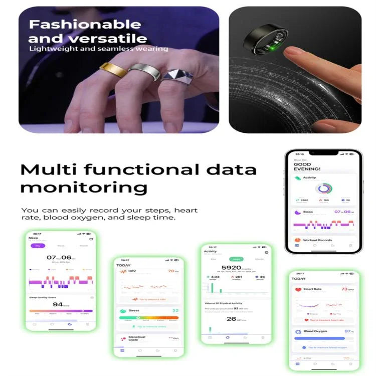 R100 SIZE 8 Smart Ring, Support Heart Rate / Blood Oxygen / Sleep Monitoring / Remote Photography