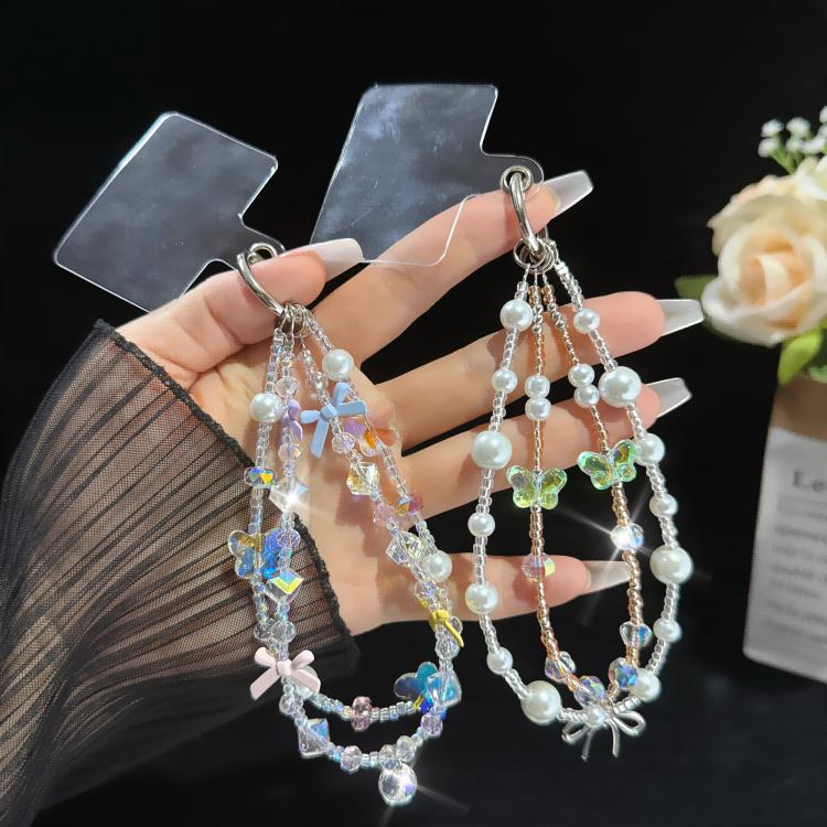 Butterfly Dream Pearl Whisper Iridescent Double-Layer Phone Chain, Crystal Style, Pearl Style