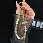 Elegant Retro Saturn Iridescent Cube Phone Chain, Gold, Pink, White, Purple