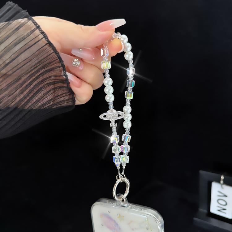 Elegant Retro Saturn Iridescent Cube Phone Chain, Gold, Pink, White, Purple