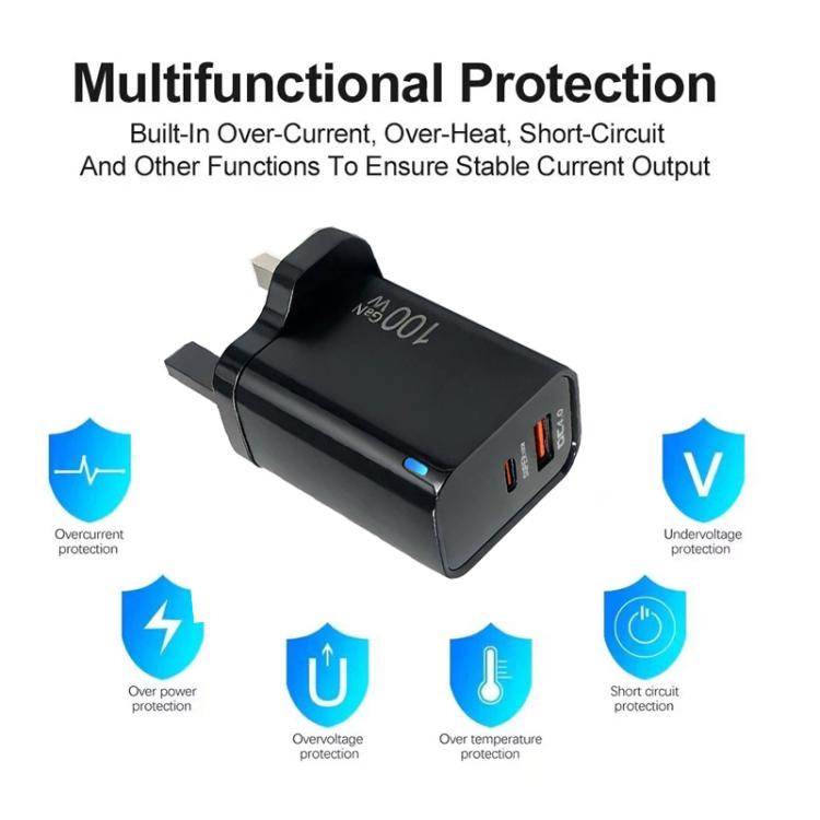 PD47 100W GaN PD Type-C, QC3.0 USB Fully Compatible Protocol Charger, UK Plug, UK Plug