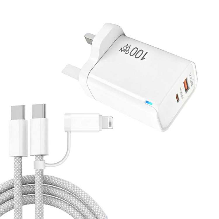 PD47 100W GaN PD Type-C + QC3.0 USB Charger with Type-C to Type-C / 8-Pin Data Cable, UK Plug, UK Plug