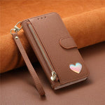 Fantasy Love Heart Zipper Wallet Vegan Leather Phone Case with Strap, For iPhone 13
