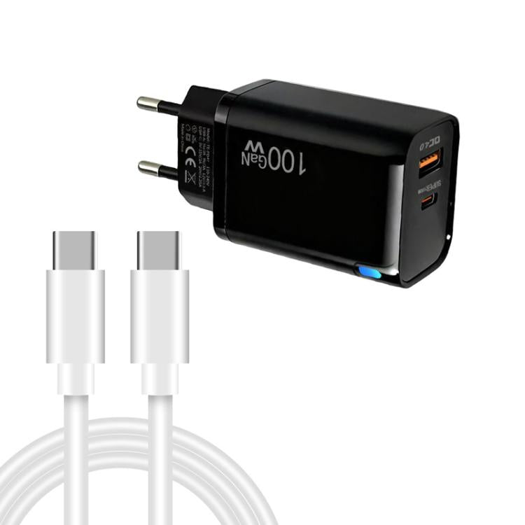 PD47 GaN 100W PD Type-C + QC3.0 USB Charger with Type-C to Type-C Data Cable, EU Plug, EU Plug