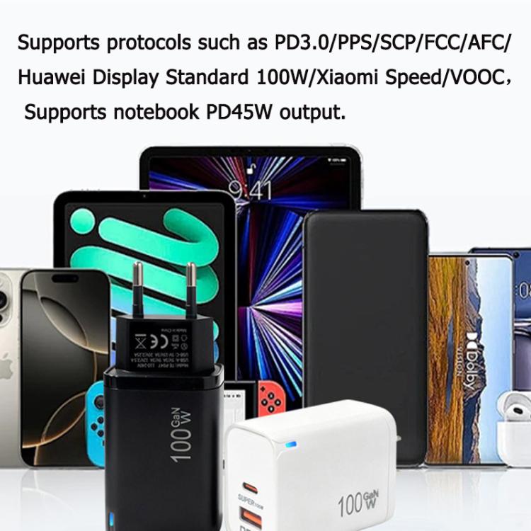 PD47 GaN 100W PD Type-C + QC3.0 USB Charger with Type-C to Type-C Data Cable, EU Plug, EU Plug