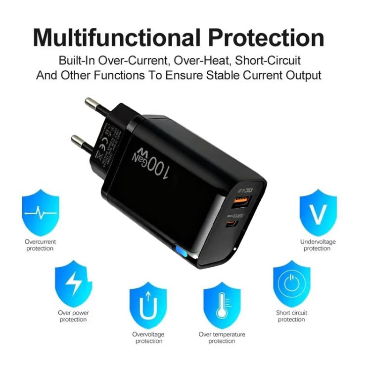 PD47 GaN 100W PD Type-C + QC3.0 USB Charger with Type-C to Type-C Data Cable, EU Plug, EU Plug