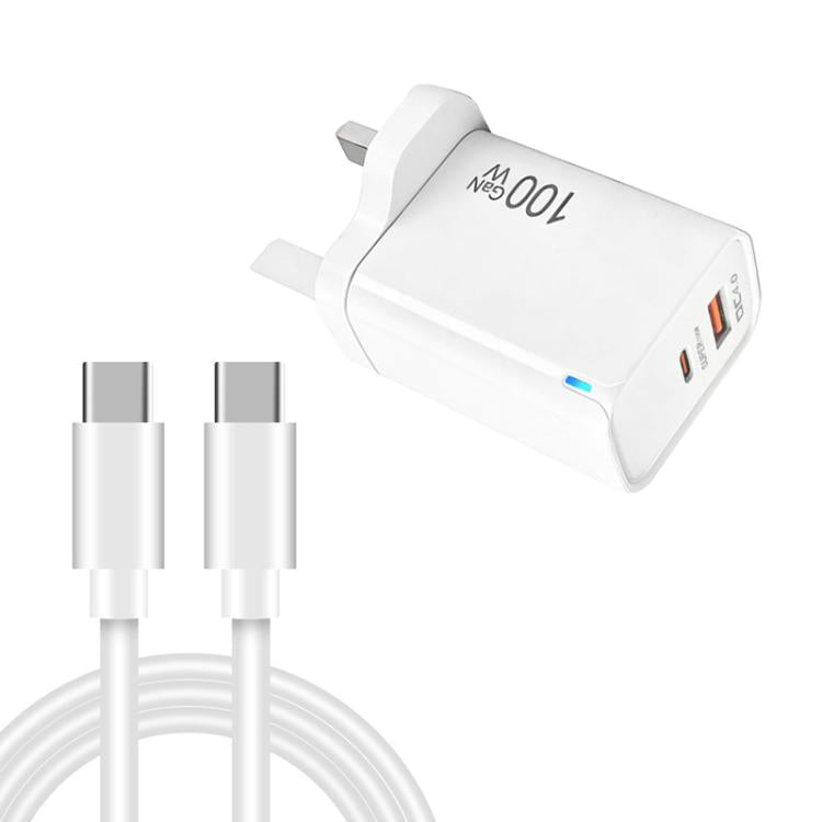 PD47 GaN 100W PD Type-C + QC3.0 USB Charger with Type-C to Type-C Data Cable, UK Plug, UK Plug