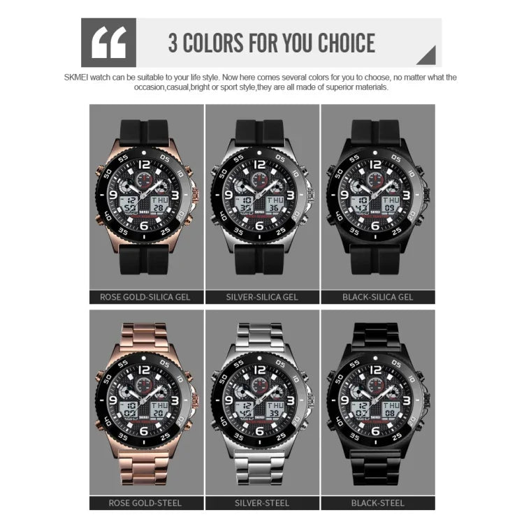 SKMEI 1538 Multi-Function Time Large Dial Steel Belt Men  Casual Sports Electronic Watch