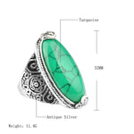 Fashion Vintage Oval Turquoise Flower Ring Women Antique Silver Jewelry, 7, 8, 10