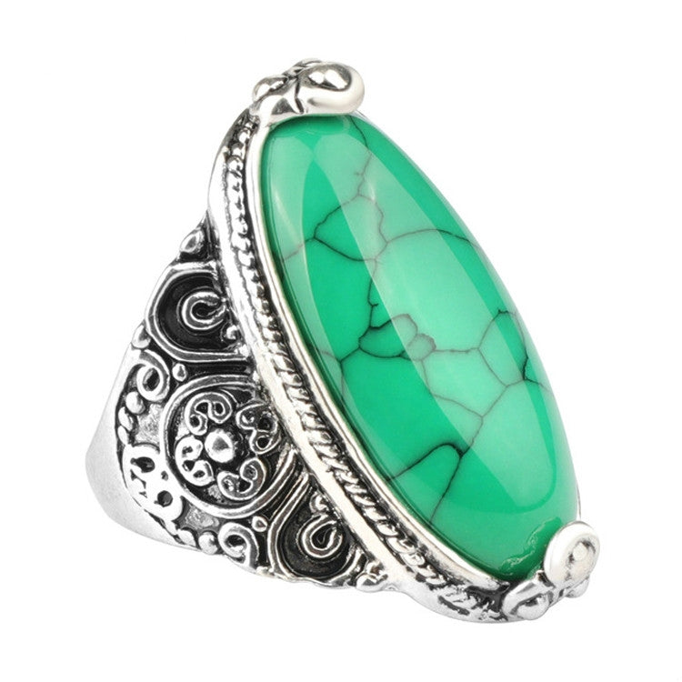 Fashion Vintage Oval Turquoise Flower Ring Women Antique Silver Jewelry, 7, 8, 10