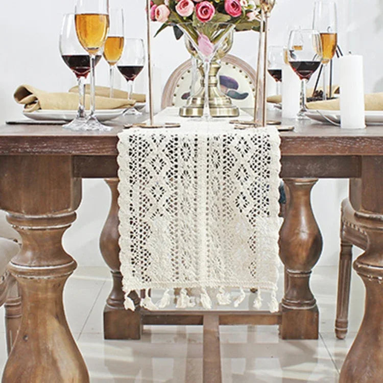 Tassel Lace Floral Romance Retro Crochet Hollow Cotton Blend Table Runner Covers, 24x160cm, 24x180cm, 24x200cm, 24x220cm, 24x240cm, 24x140cm