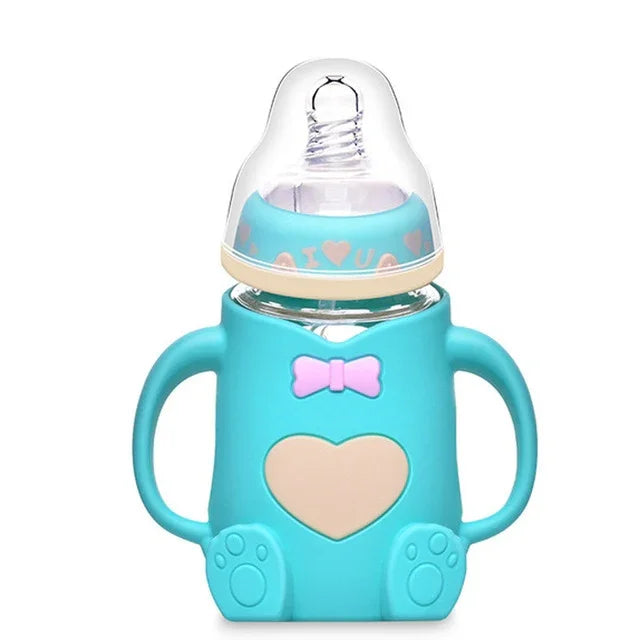 Baby Silicone Glass Bottles Drop-proof and Flatulence-proof Glass Baby Bottle