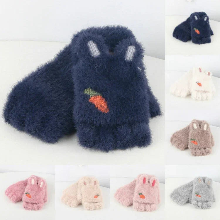 Children Half Finger Gloves Knitted Cold Warm Plus Velvet Fingerless Gloves