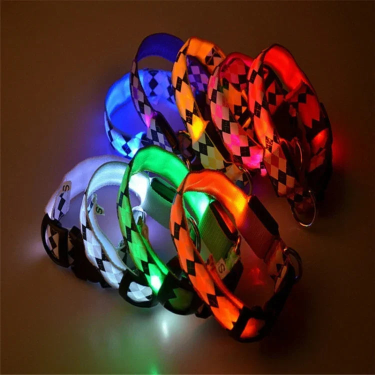 Plaid Pattern Rechargeable LED Glow Light Leads Pet Dog Collar for Small Medium Dogs, L, XL