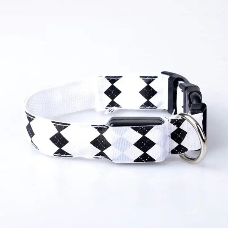 Plaid Pattern Rechargeable LED Glow Light Leads Pet Dog Collar for Small Medium Dogs, L, XL