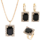 Square Crystal Necklace Earrings Ring For Women Jewelry Sets, Red, Green, Black, White, Royal Blue, Lake Blue