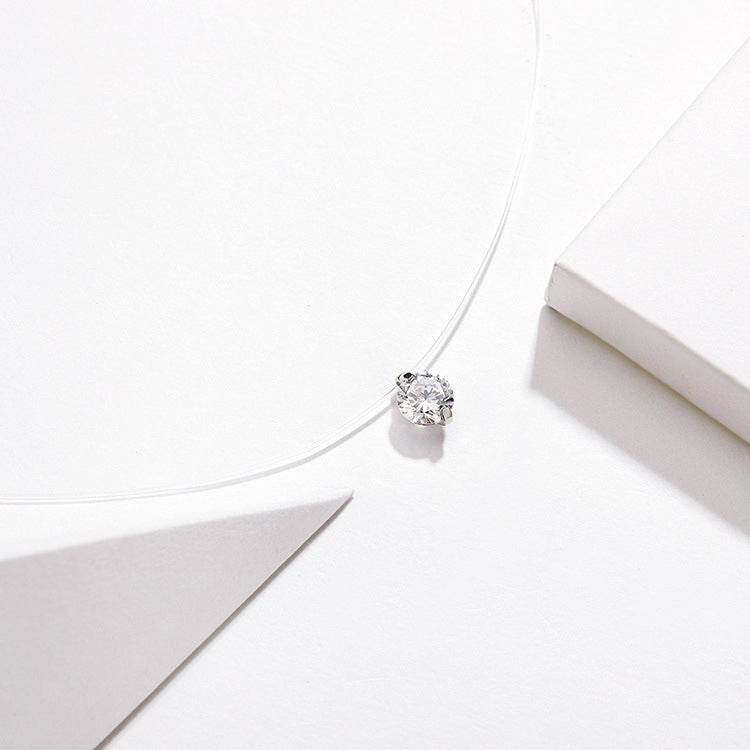 Invisible Fish Line Necklace Zircon Pendant S925 Sterling Silver Necklace, SCN332