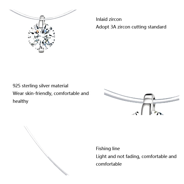 Invisible Fish Line Necklace Zircon Pendant S925 Sterling Silver Necklace, SCN332