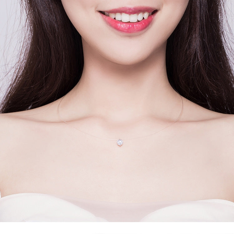 Invisible Fish Line Necklace Zircon Pendant S925 Sterling Silver Necklace, SCN332