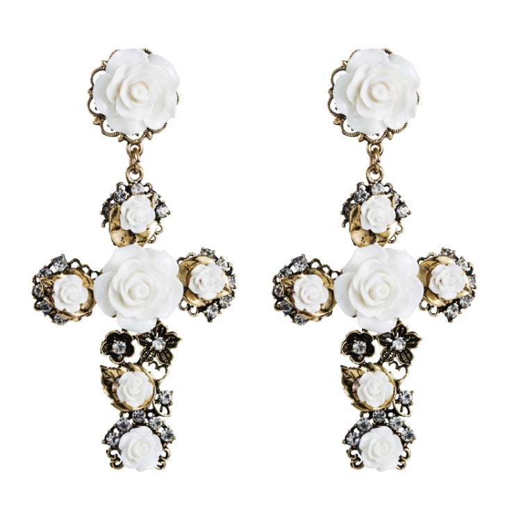 1 Pair Baroque Rose Flower Cross Long Earrings Vintage Earrings, White, Red, Black