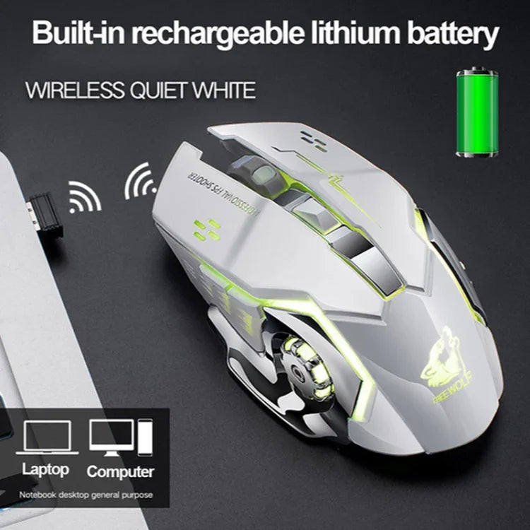 FREEDOM-WOLF X8 2400 DPI 6 Keys 2.4G Wireless Charging Silent Luminous Gaming Mechanical Mouse, X8 Black, X8 Metal Grey, X8 Star Black