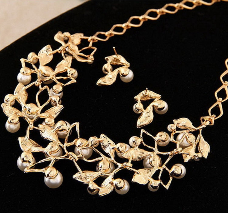 Leaf Crystal Simulated Pearl Wedding Jewelry Necklaces Earrings Sets, Gold, Silver