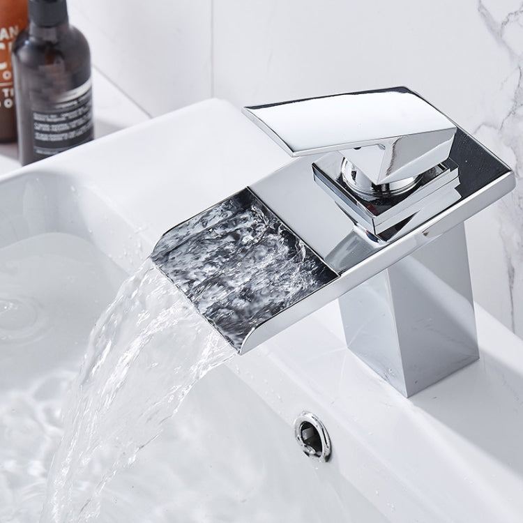LED Three Lights Hot Cold Water Faucet Bathroom Waterfall Faucet CN Plug, Black, Electroplating Silver