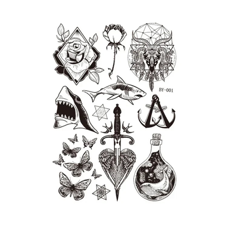 10 PCS Dark Fluorescent Color Changing Animal Luminous Flower Arm Waterproof Adult Tattoo Stickers, BY-001, BY-002, BY-003, BY-004, BY-005, BY-006, BY-007, BY-008