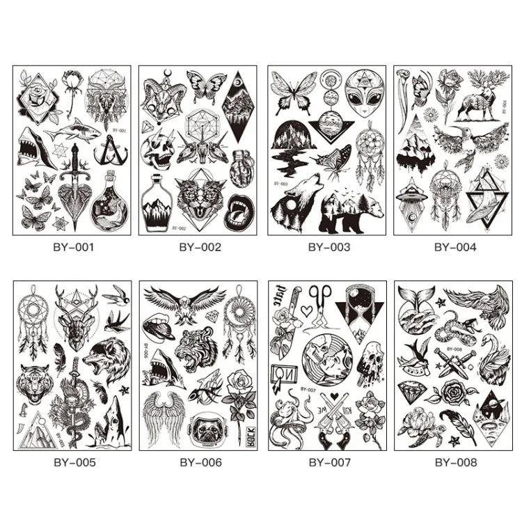 10 PCS Dark Fluorescent Color Changing Animal Luminous Flower Arm Waterproof Adult Tattoo Stickers, BY-001, BY-002, BY-003, BY-004, BY-005, BY-006, BY-007, BY-008