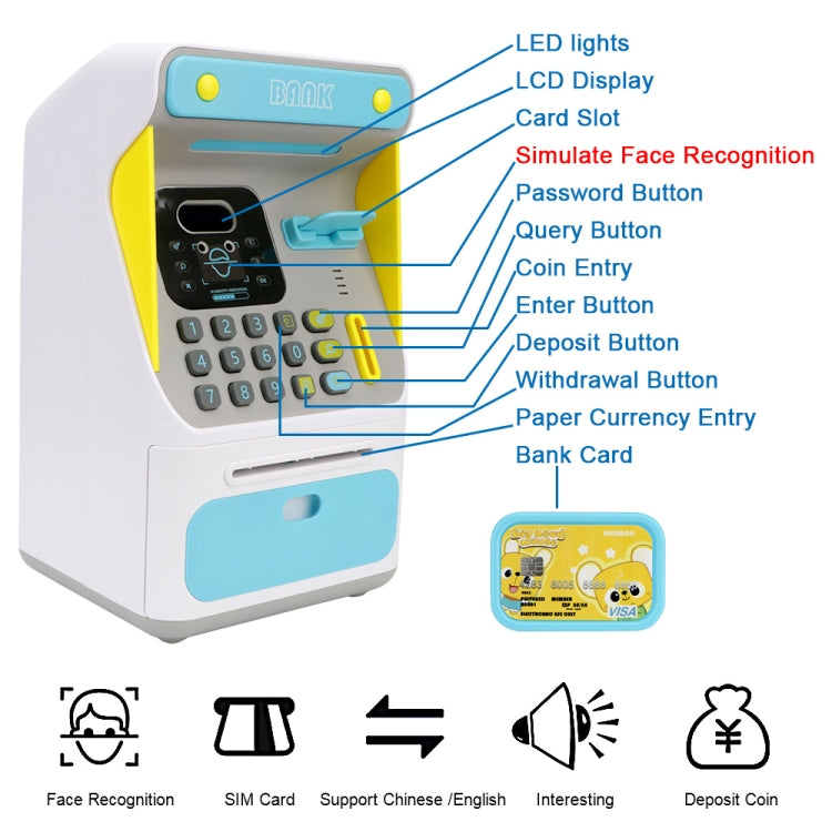 8010 Simulated Face Recognition ATM Machine Piggy Bank Password Automatic Rolling Money Safe Piggy Bank,Style:, Pink, Blue, Rechargeable Version Pink, Rechargeable Version Blue