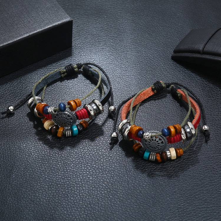 BX016 Retro Personality Leather Beaded Bracelet, Black Leather+Ancient Silver Accessories, Red Leather++Ancient Silver Accessories, White Leather+Bronze Accessories, Light Brown Leather+Bronze Accessories