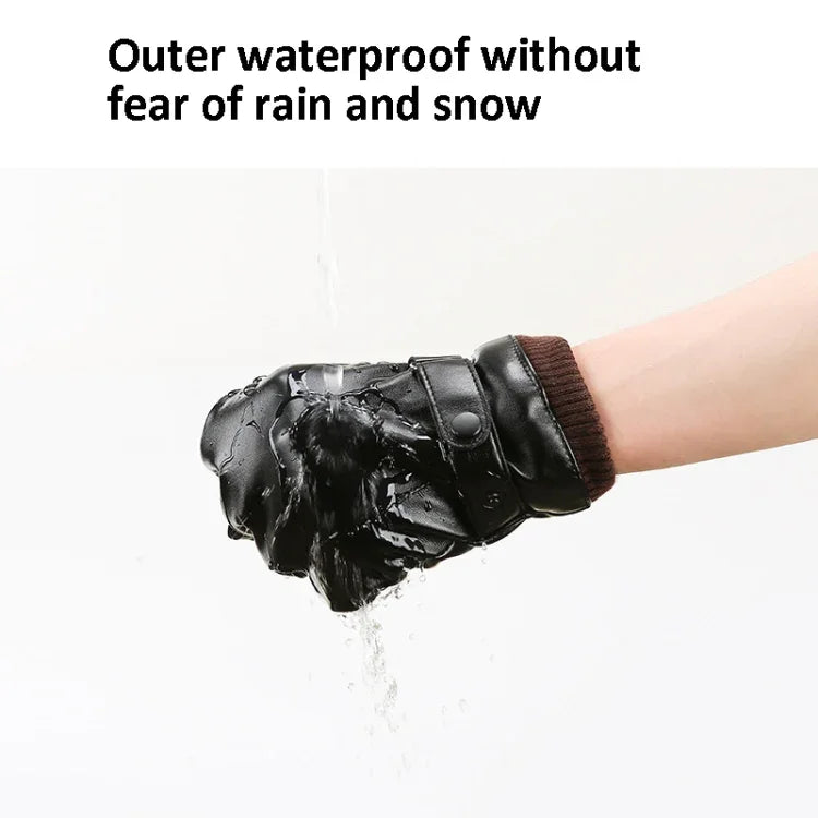 Men Autumn Winter Windproof Warm Plush Lining PU Riding Gloves, 01