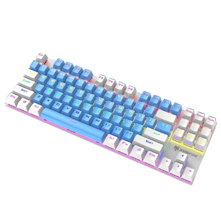 XUNFOX K80 87 Keys Wired Gaming Mechanical Illuminated Keyboard, Cable Length:1.5m, White Yellow, Black Gray, Pink White, Blue White, White Blue, Yellow White, Gray Black