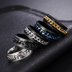 2 PCS Men Stainless Steel Embossed Turnable Chain Rings, Black, Steel Color, Black Steel Color, Dark Blue