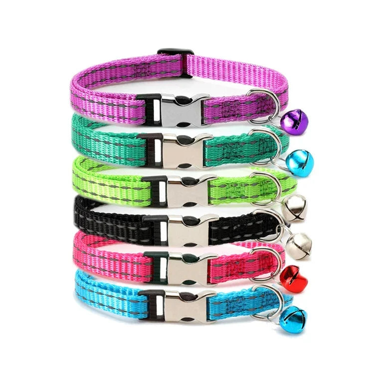 2 PCS Night Reflective Nylon Cat Collar With Bell, No Carving Green, No Carving Sky Blue, No Carving Purple, No Carving Grass Green, No Carving Black, No Carving Rose Red
