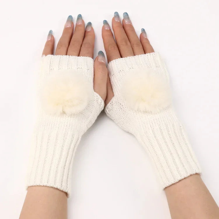 Autumn And Winter Women Fingerless Fur Ball Gloves Knitted Wool Warm Sleeves, Black, White, Dark Gray, Light Grey, Coffee, Wine Red, Khaki, Cream Color