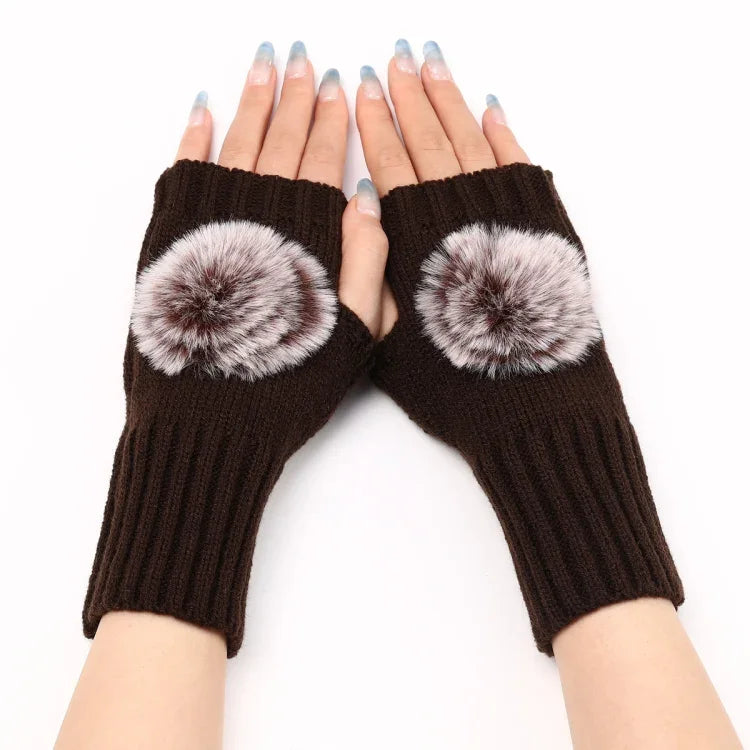 Autumn And Winter Women Fingerless Fur Ball Gloves Knitted Wool Warm Sleeves, Black, White, Dark Gray, Light Grey, Coffee, Wine Red, Khaki, Cream Color