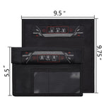 RFID privacy protection bag dimensions 9.5 x 9.75 inches, featuring black fabric and signal shielding design.