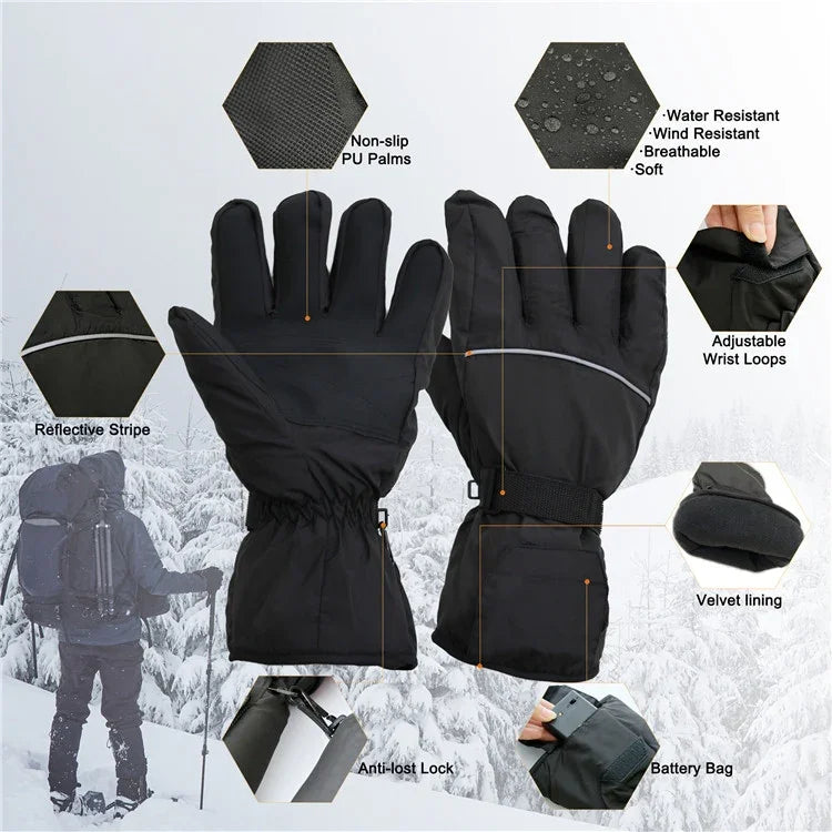Outdoor Sports Ski Heated Warm Touchable Gloves, Black, Black+USB Cable