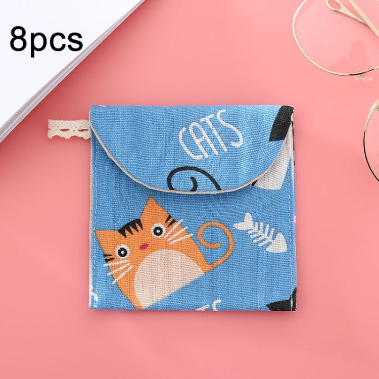 8pcs Cotton and Linen Sanitary Napkin Storage Bag Handy Clutch Bag, Black -bottomed White Tree, Gray Camel, Lucky Cat, Leaves, Blue Cat, Turtle