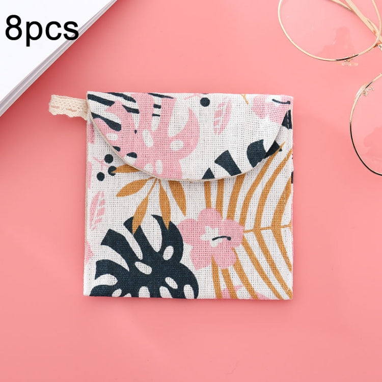 8pcs Cotton and Linen Sanitary Napkin Storage Bag Handy Clutch Bag, Black -bottomed White Tree, Gray Camel, Lucky Cat, Leaves, Blue Cat, Turtle