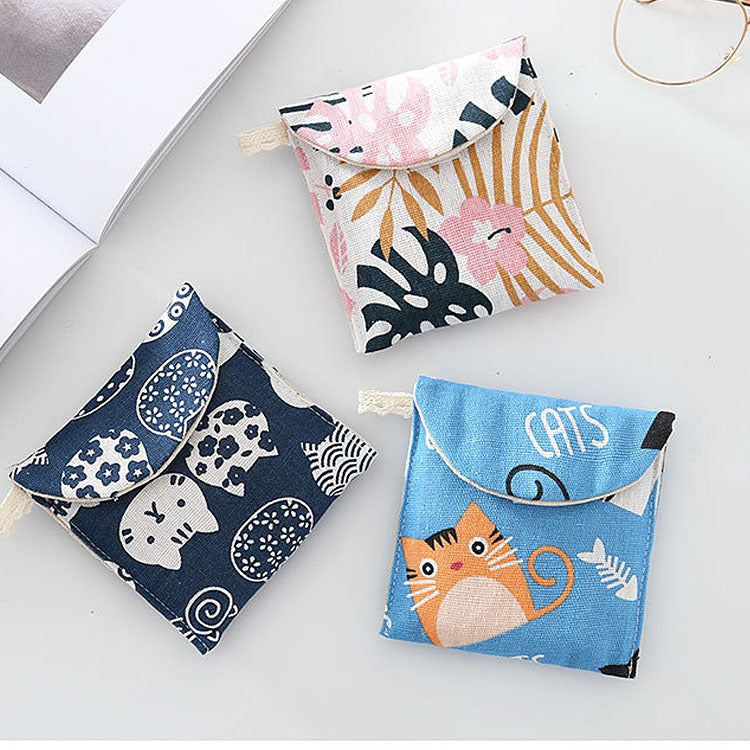 8pcs Cotton and Linen Sanitary Napkin Storage Bag Handy Clutch Bag, Black -bottomed White Tree, Gray Camel, Lucky Cat, Leaves, Blue Cat, Turtle