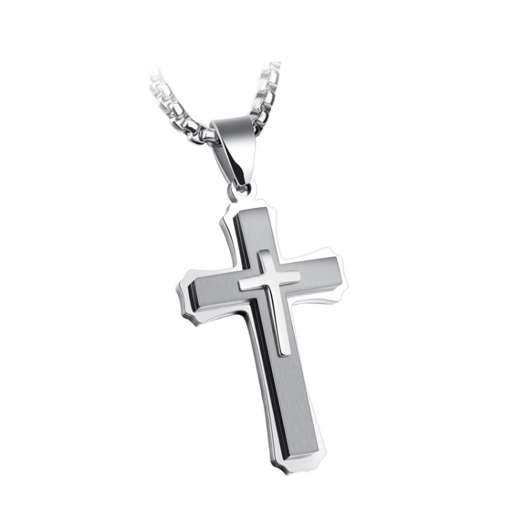 1213 Three Layer Cross Necklace Titanium Steel Men Necklace, Steel Color Pendant+3x55cm Pearl Chain, Black Pendant+3x55cm Pearl Chain, Gold Pendant+3x55cm Pearl Chain