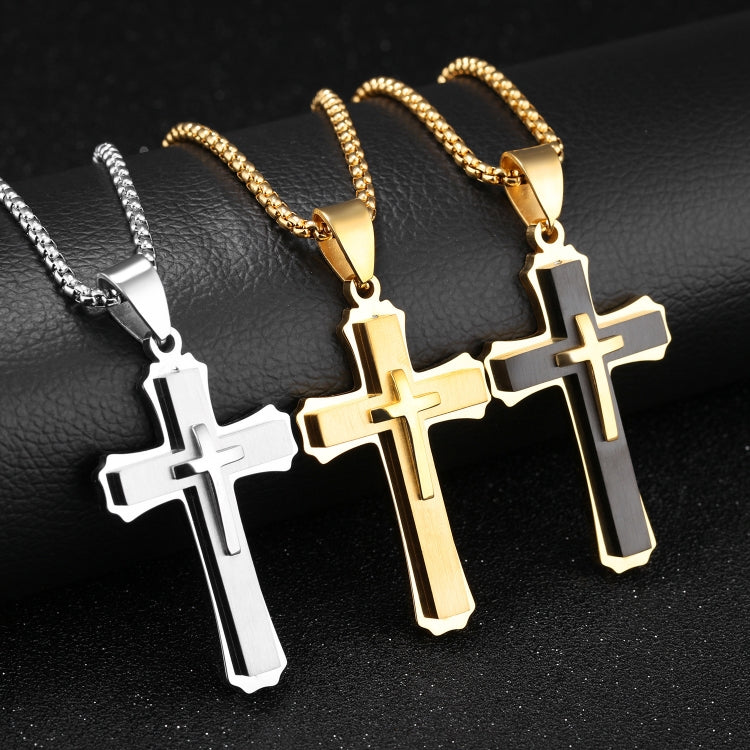 1213 Three Layer Cross Necklace Titanium Steel Men Necklace, Steel Color Pendant+3x55cm Pearl Chain, Black Pendant+3x55cm Pearl Chain, Gold Pendant+3x55cm Pearl Chain