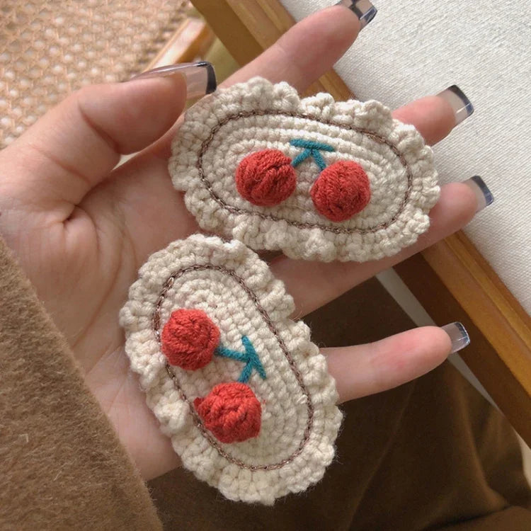 B316 2pcs Cute Woolen Knitting Hairpin Sweet and Versatile Handmade Side Clip, Beige, Cherry